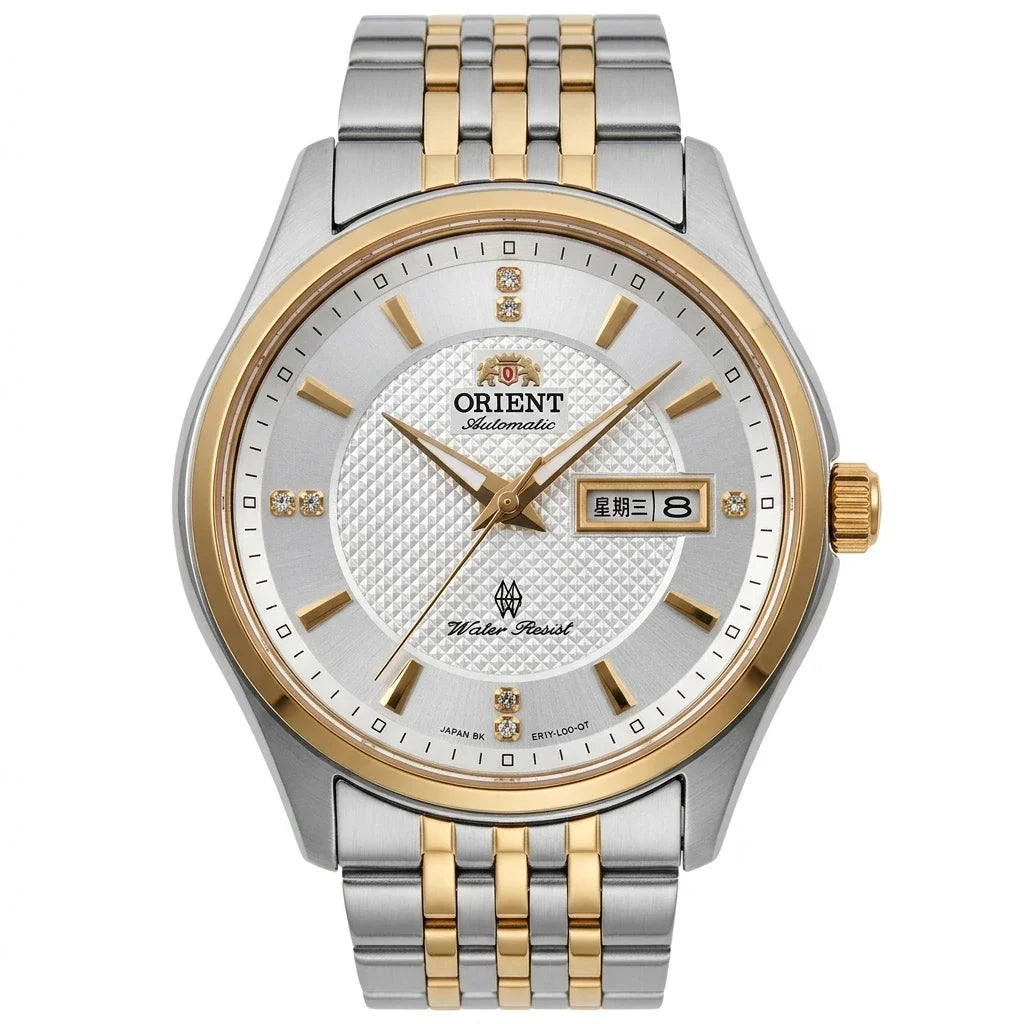 Orient mekanisk automatisk herreur med dobbelt kalender (dato og ugedag), krystalindekser og armbånd i rustfrit stål – Armbåndsur i professionel stil