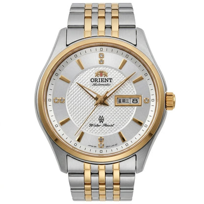 Orient mekanisk automatisk herreur med dobbelt kalender (dato og ugedag), krystalindekser og armbånd i rustfrit stål – Armbåndsur i professionel stil