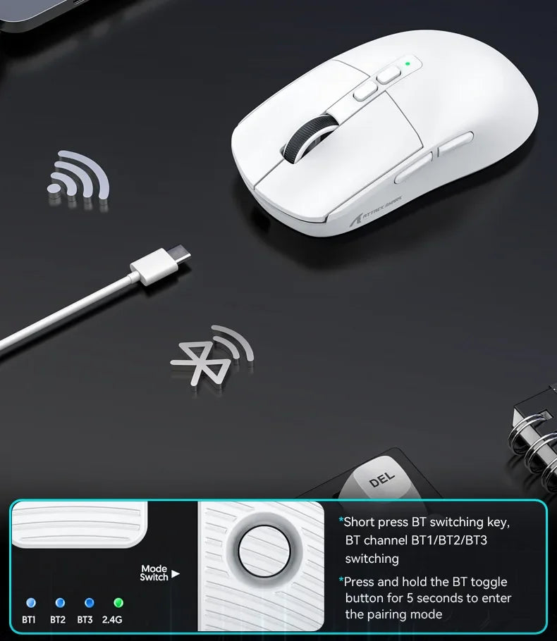 Attack Shark X6 Wireless Ergonomic Gaming Mouse Adjustable DPI Wired 2.4G/Bluetooth High Precision Rechargeable Mice
