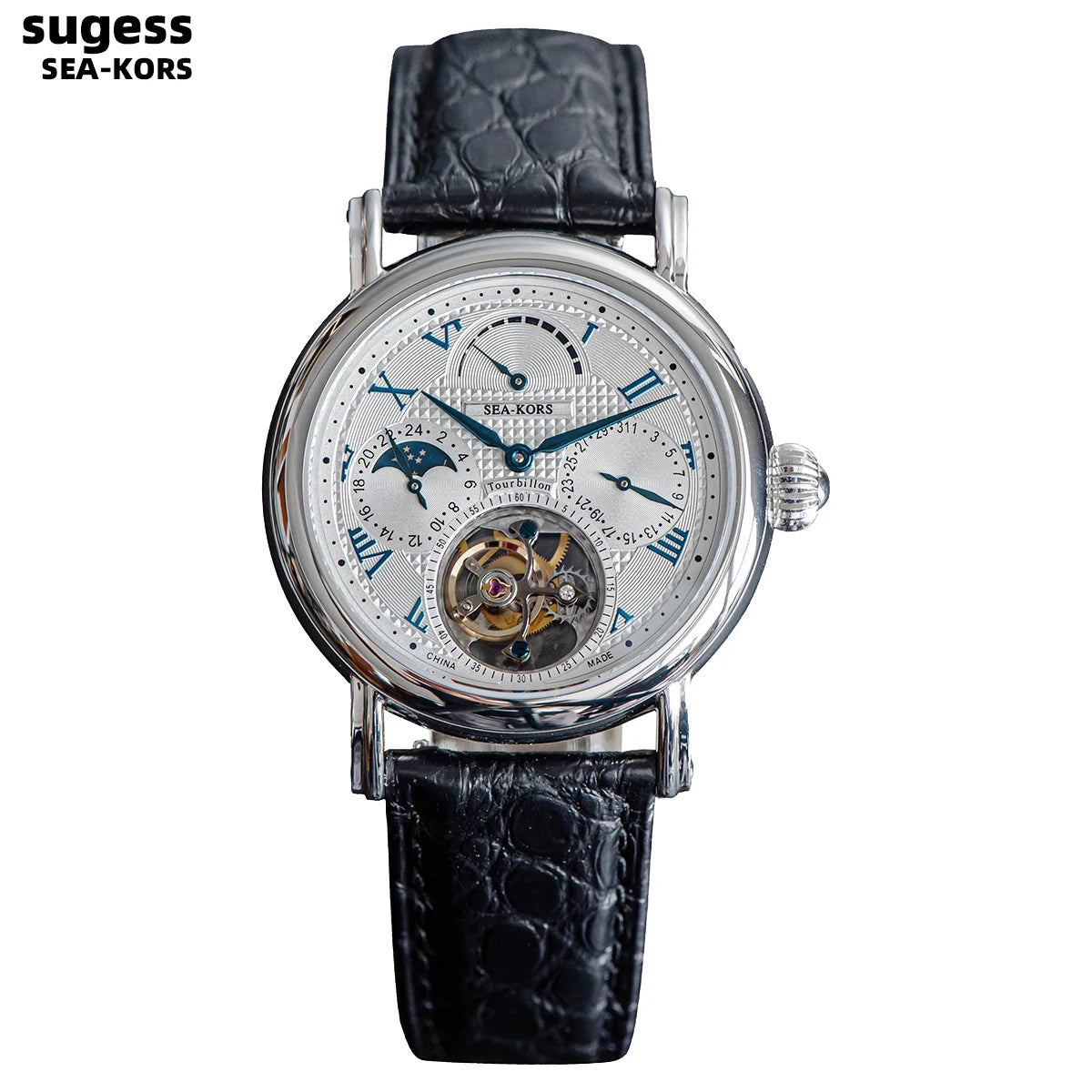 Sugess Seakors Men's Tourbillon Watch Original ST8007 Movement Skeleton Dial Moonphase Wristwatch 316L Case Sapphire
