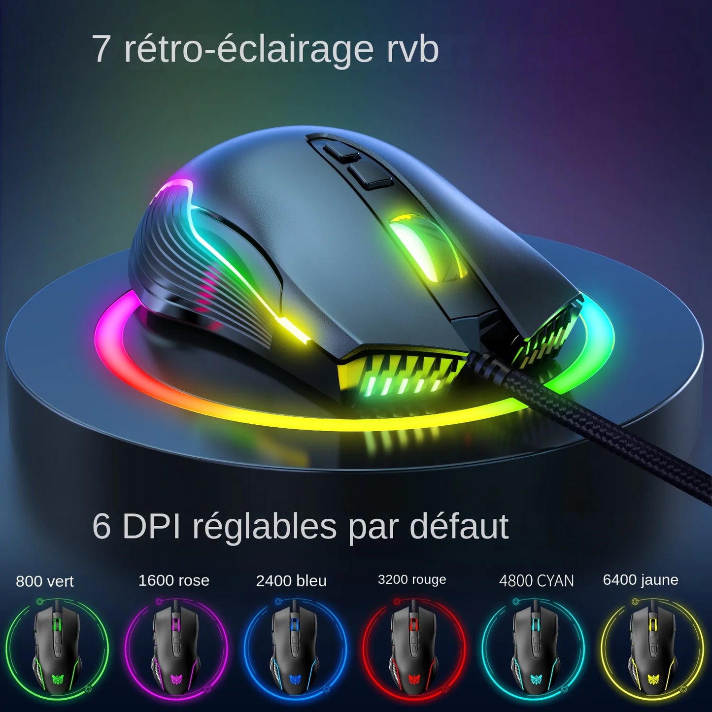 ONIKUMA Wired Gaming Mouse 6 Levels Adjustable 6400 DPI 7 Programmable Buttons 7 RGB Lighting Modes Ergonomic Mice for PC Gamer