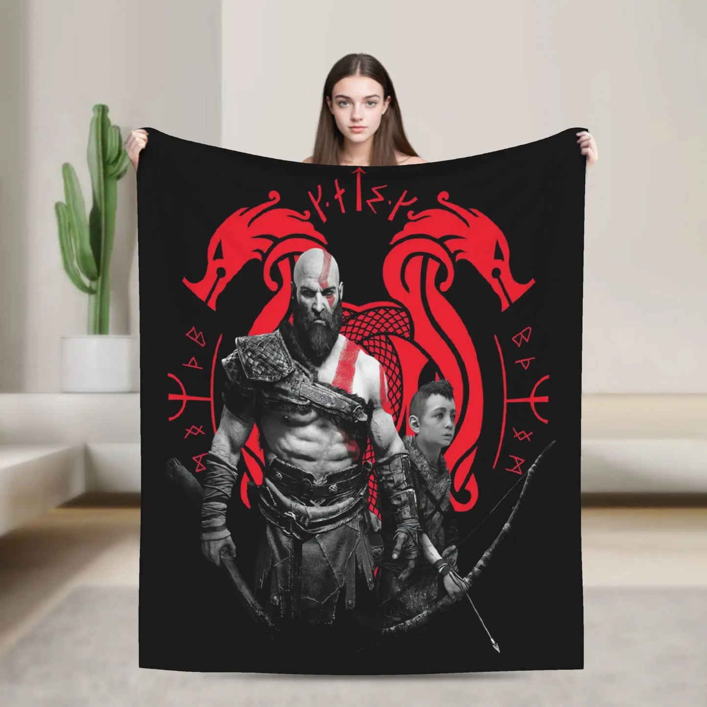 God of War Games Kratos Cartoon Flannel Blanket  Super Soft Throw Blanket for Couch Bed Travel Street Trend Bedspread Sofa Bed
