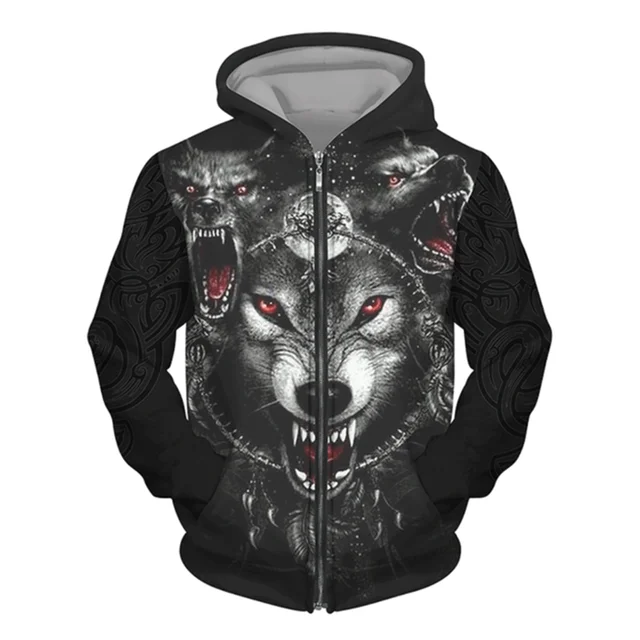 3D Wolf Print Men Zipper Hoodies Fashion Animal Pattern Top Coat Street Punk Style Oversized Sweatshirts Outdoor Leisure Jackets