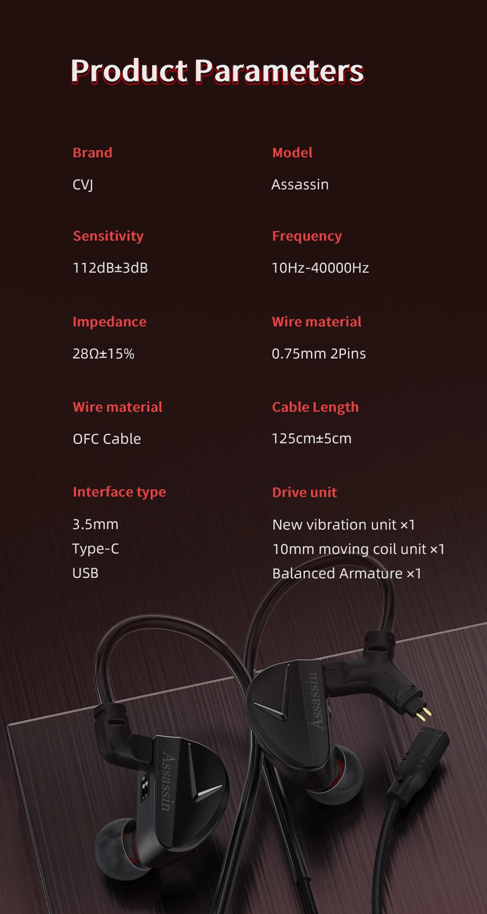 CVJ Assassin Earphones 1BA+1DD+1Vibration Switch Adjustable Gaming E-sports In-Ear 3.5mm&Type-C Hifi Headphones
