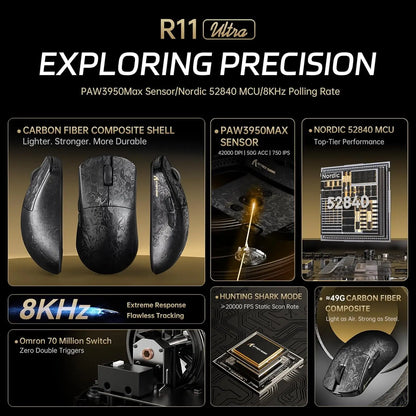 ATTACK SHARK R11 ULTRA 49g Carbon Fiber 8000Hz Wireless Gaming Mouse, 42000 DPI, 20000 FPS, PAW3950MAX, Nordic 52840 Chip