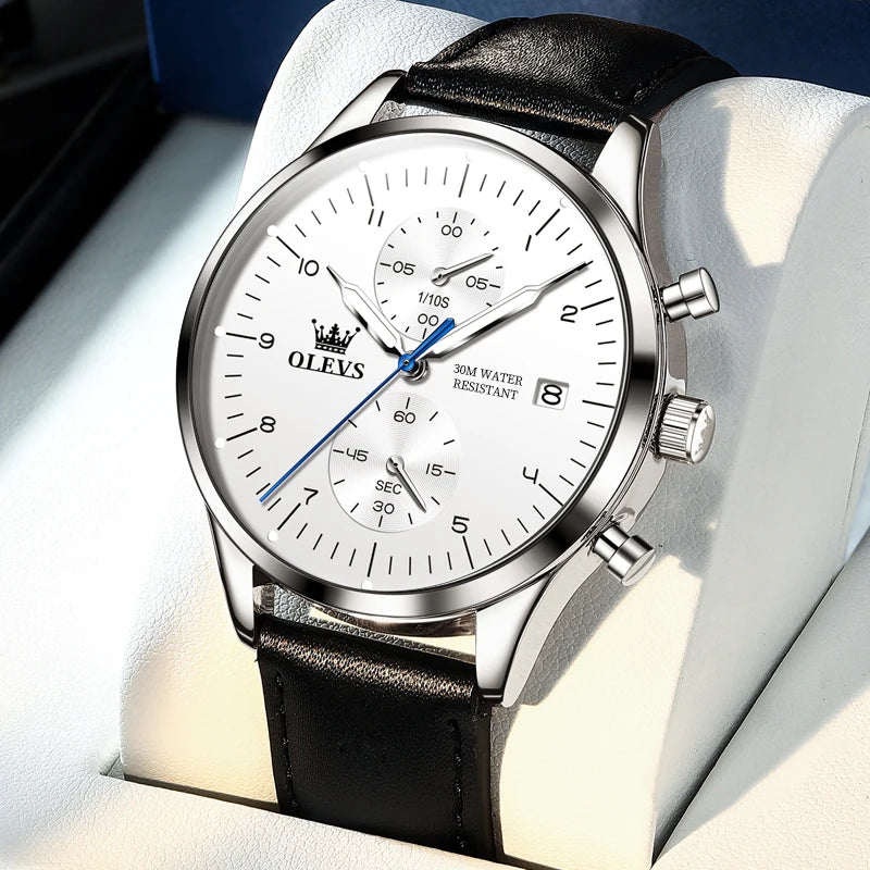 OLEVS 2880 herreur – Elegant og minimalistisk kronograf, læderrem, automatisk datovisning, vandtæt, selvlysende visere, kvartsurværk.