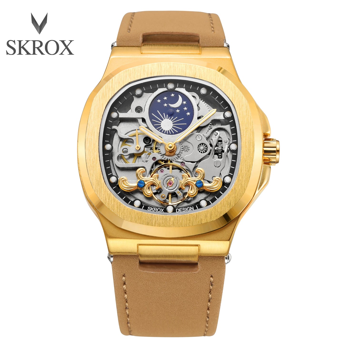 2025High-end Luxury SKROX Square Man Watch Sapphire Tourbillon Steel Skeleton Moon Phase Automatic Movement Leather Male Watches