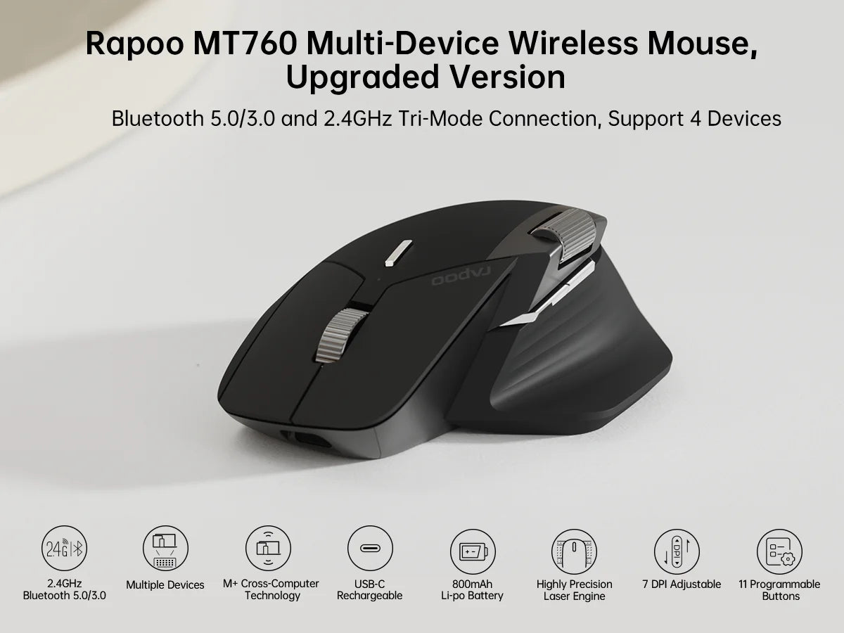 Rapoo MT760/MT760Mini Multi-mode Rechargeable Wireless Bluetooth Mouse Ergonomic 4000 DPI Support Up to 4 Devices Office Mice