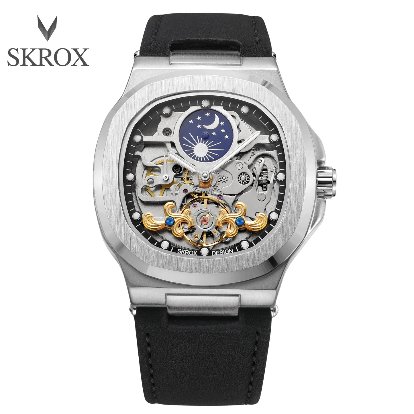 2025High-end Luxury SKROX Square Man Watch Sapphire Tourbillon Steel Skeleton Moon Phase Automatic Movement Leather Male Watches