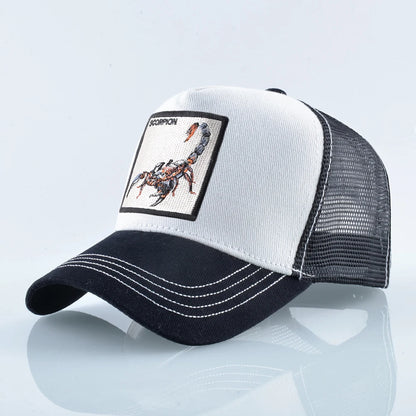 Unisex-trucker-kasket med broderet skorpion-patch, baseballkasket til mænd, snapback-hiphop-kasket til kvinder, udendørs kasket med visir i åndbart materiale