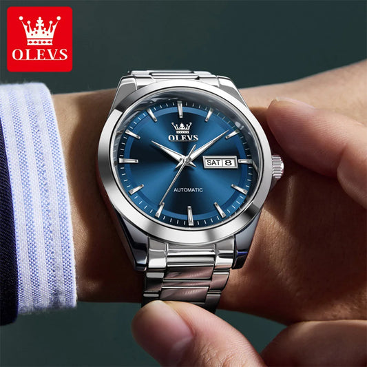 Montres OLEVS pour homme 7090 : montres mécaniques automatiques de luxe, étanches, à grand cadran, avec affichage du jour et de la date, idéales comme cadeaux pour homme, neuves