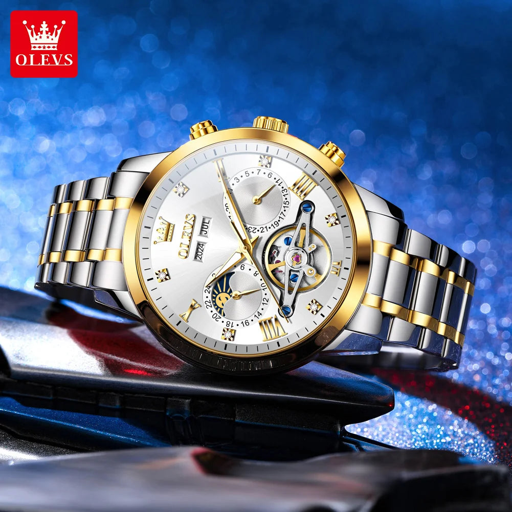 OLEVS Men's Watches Moon Phase Hollow Flywheel Exclusive Original Automatic Mechanical Watches For Men Luxury Man Watch New 7029