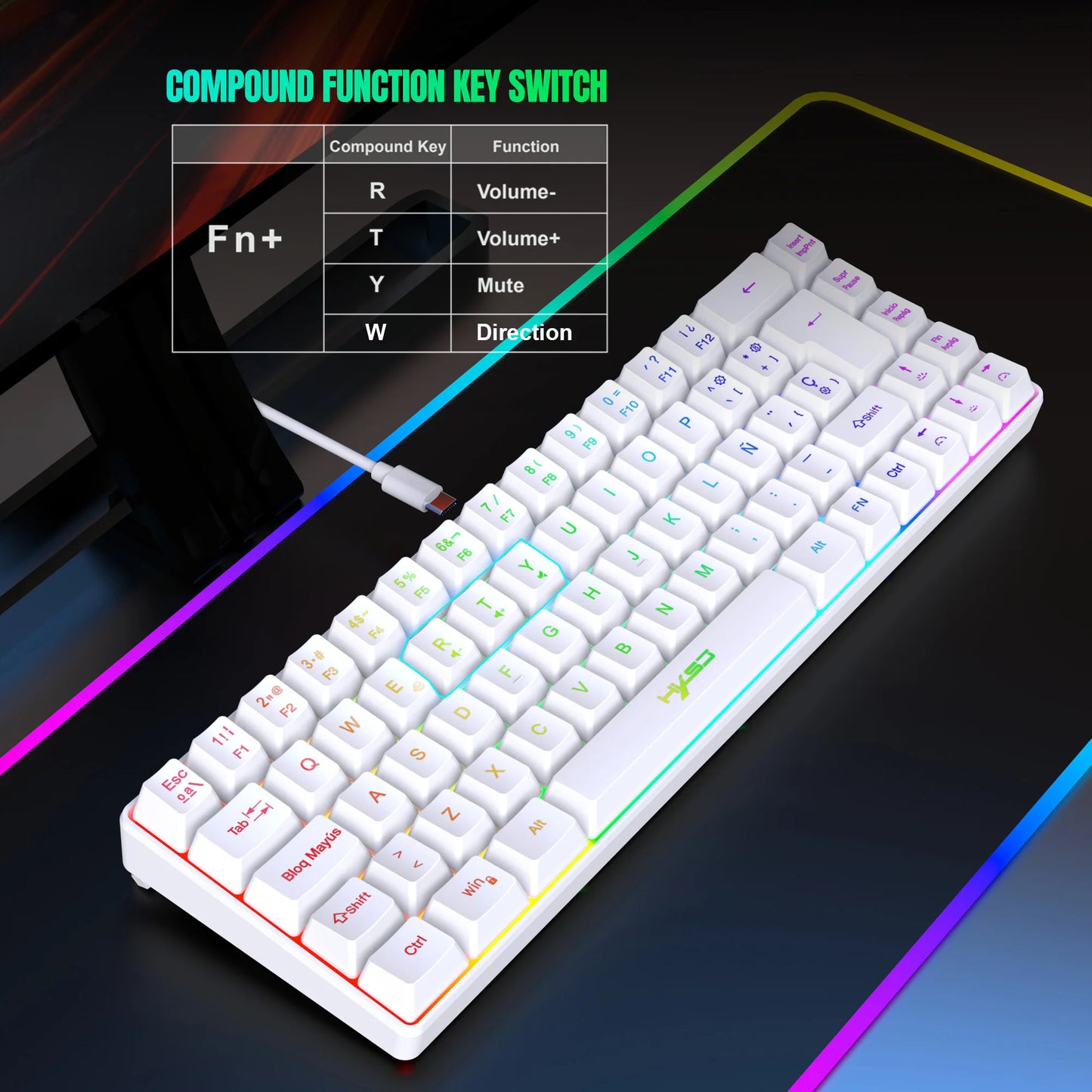 ¡Oferta destacada! Teclado gaming con cable de 69 teclas en español, retroiluminación RGB, diseño compacto al 68%, un accesorio imprescindible para profesionales de oficina y gamers