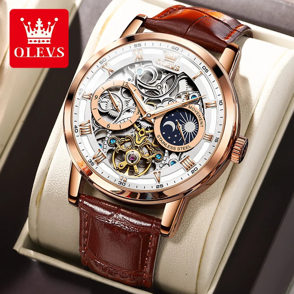 OLEVS Top Brand Men's Skeleton Mechanical Watch, Waterproof Leather Strap, Moon Phase, Automatic Tourbillon Wristwatch