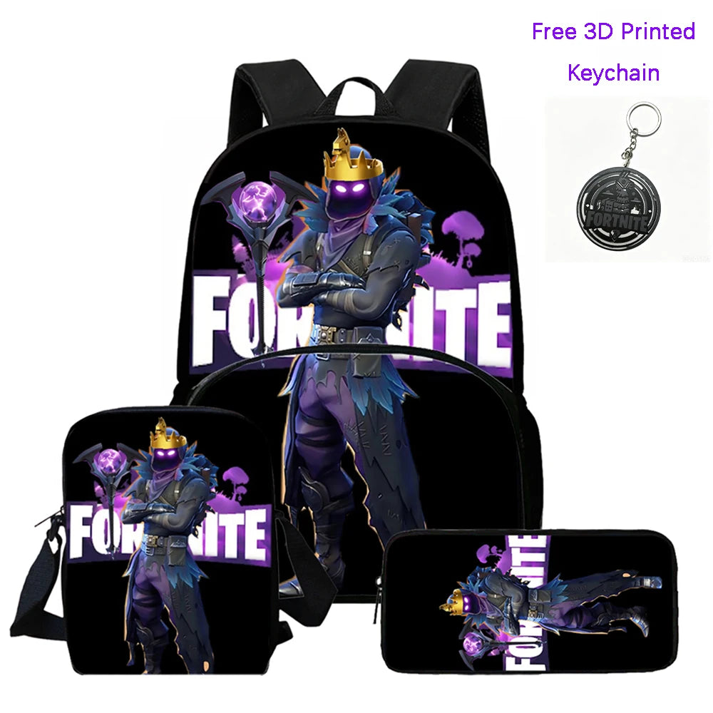 FORTNITE 3-Piece Lightweight Backpack Set with Front Pocket, Crossbody Bag & Pencil Case for Ages 5-10 Boys and Girls, Includes Free 3D Printed Keychain