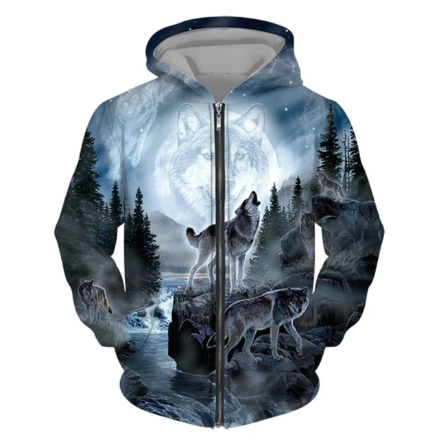 3D Wolf Print Men Zipper Hoodies Fashion Animal Pattern Top Coat Street Punk Style Oversized Sweatshirts Outdoor Leisure Jackets