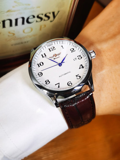 WINNER herreur – Klassisk, retro og elegant stil – Mekanisk automatisk ur med kalender – Luksusmærke, stålurkasse og læderrem