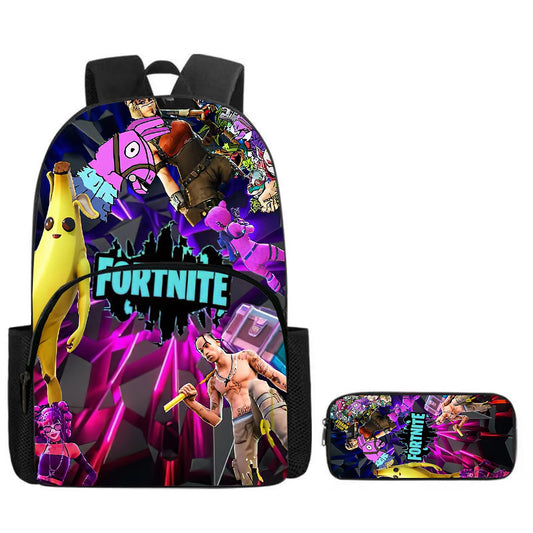 Fortnite Cartoon 2-Piece Set Backpack with Front Pocket Pencil Case Unisex Large Capacity School Bag Ages 5-8
