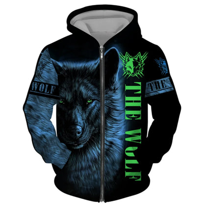 3D Wolf Print Men Zipper Hoodies Fashion Animal Pattern Top Coat Street Punk Style Oversized Sweatshirts Outdoor Leisure Jackets
