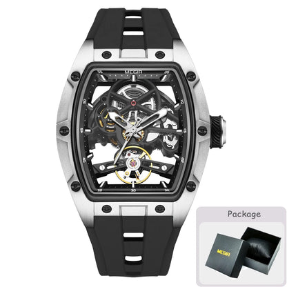 Montre mécanique pour homme MEGIR, forme tonneau, cadran squelette ajouré, style sportif, bracelet en silicone, montre automatique de luxe