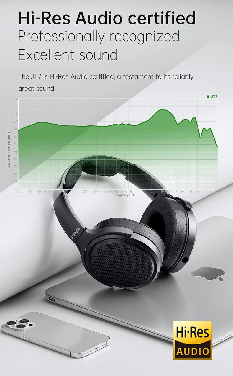 FiiO JT7 Over-Ear Planar Magnetic Audiophile Headphones 95x86mm Planar Driver Design Adjustable Headband 4.4mm/3.5mm Cable