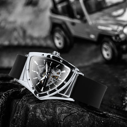 Relógio automático para homem WINNER, design esqueleto triangular, ponteiros luminescentes, bracelete em borracha, estilo militar, relógio mecânico de luxo