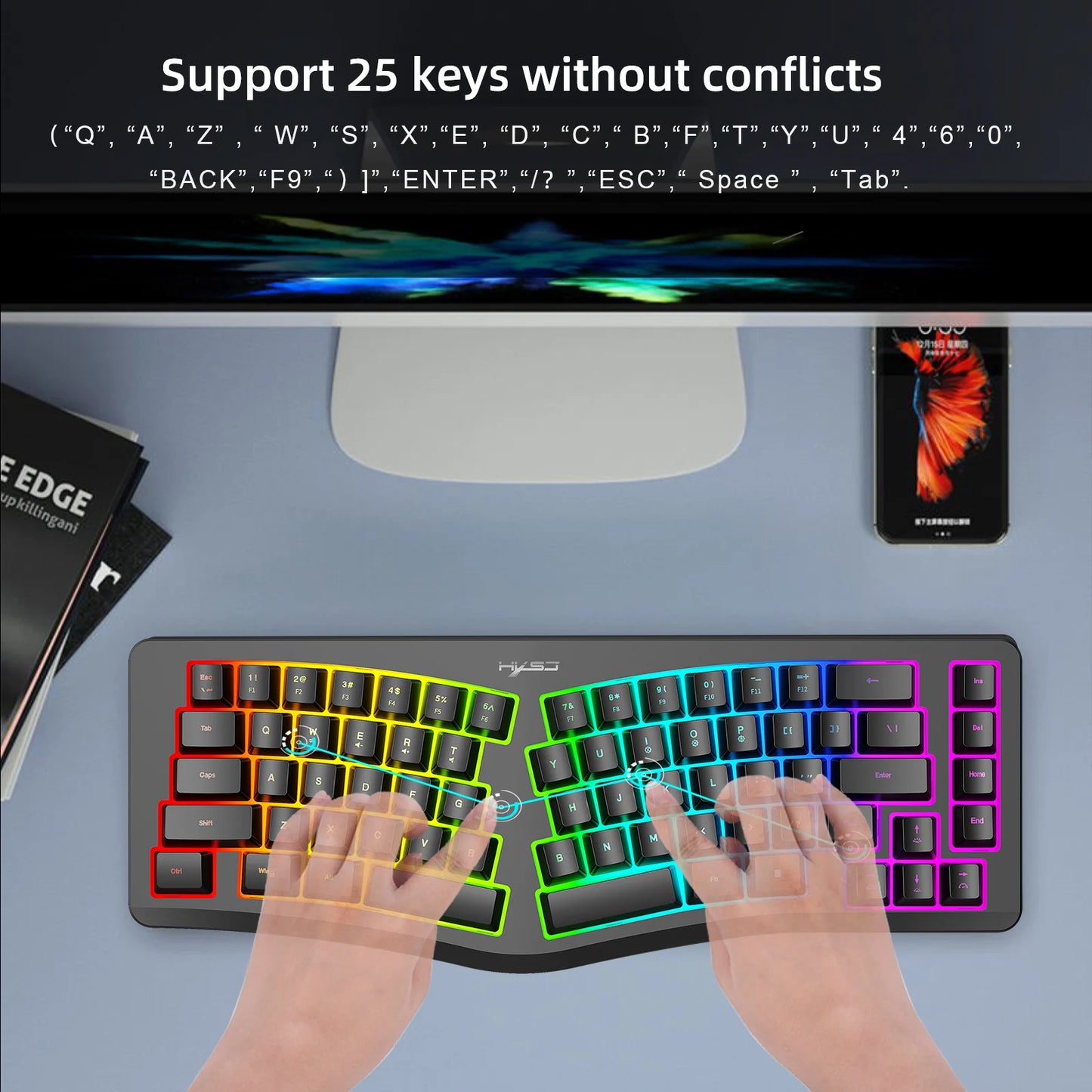 69 Key Wired Ergonomic Gaming Keyboard Keyboard Silent Irregular RGB Backlit Keyboard for Windows Linux Home Office Game PC