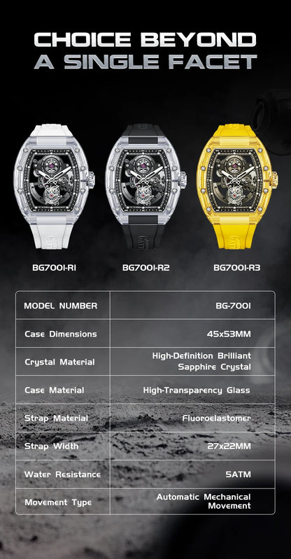 BONEST GATTI Automatic Movement Tourbillon Mechanical Wristwatch Crystal Case Luminous Watch Fluororubber Strap Watches for Men