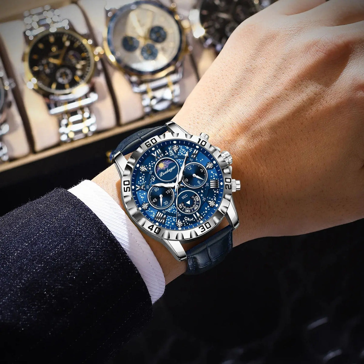 Montre-bracelet de luxe POEDAGAR pour homme – Chronographe sportif, étanche et lumineux, avec bracelet en cuir, mouvement à quartz