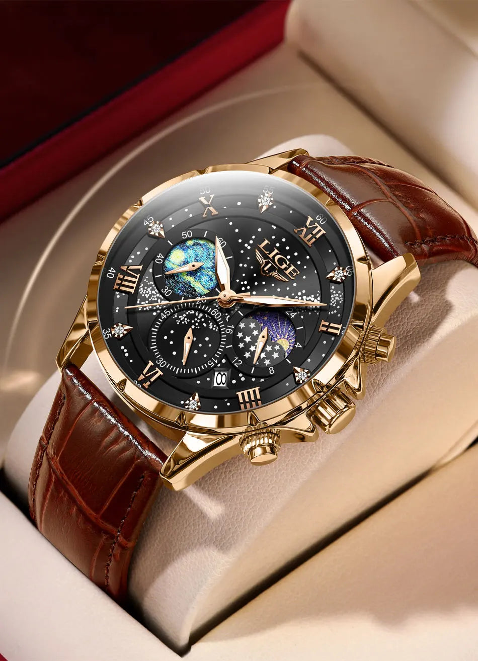 Relógio para homem LIGE – Relógio de quartzo de luxo, estilo descontraído, bracelete em pele, ideal para o trabalho ou para a prática desportiva, resistente à água, com data e cronógrafo.