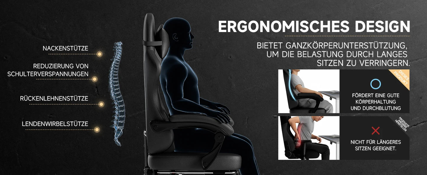 PINGGO Ergonomic Game Chair with Footrest Massage PVC Leather Office Chair for PC Gaming Weight Capacity 150kg