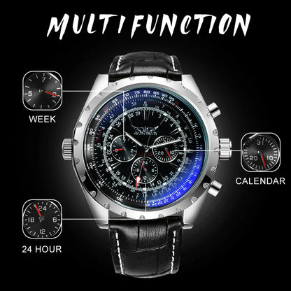 Jaragar Automatic Watch for Men Military Multifunction 3 Sub-Dials Sports Mechanical Watches Top Brand Luxury Leather Steel Band