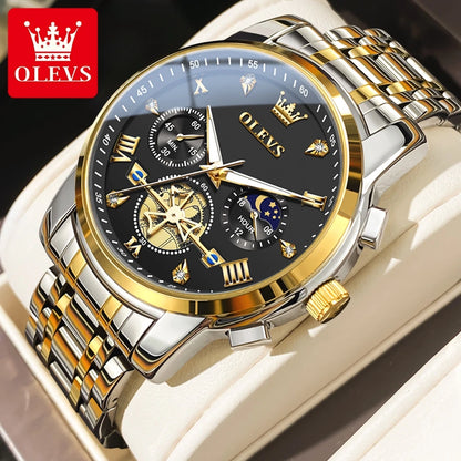OLEVS Men's Watches Classic Multifunctional Flywheel Chronograph Original Quartz Wristwatch Moon Phase 24 Hour Waterproof Watch