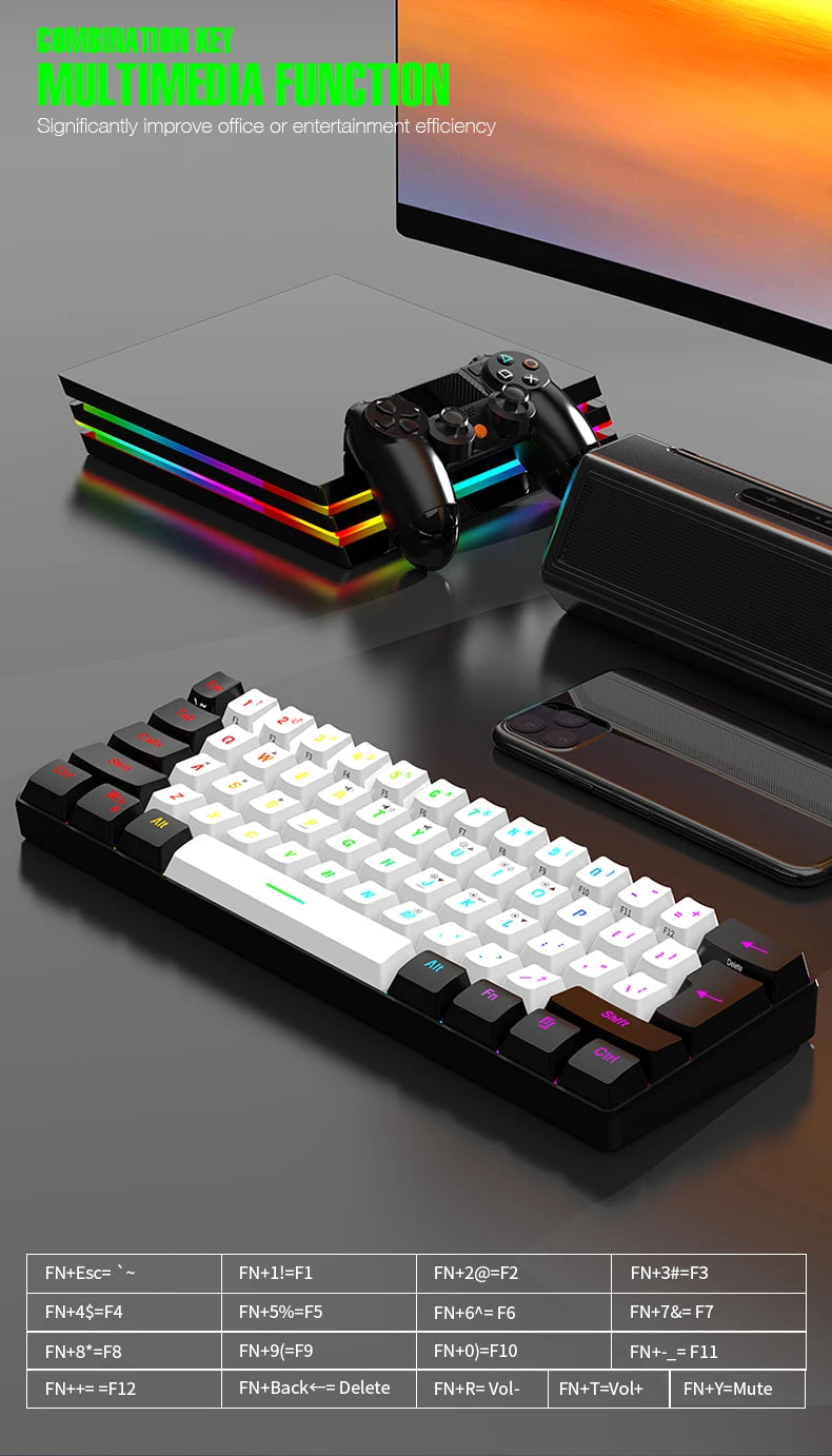 61-key wired white, black and blue switch waterproof mechanical keyboard RGB illuminated game and office kit PUBG gamer backlit