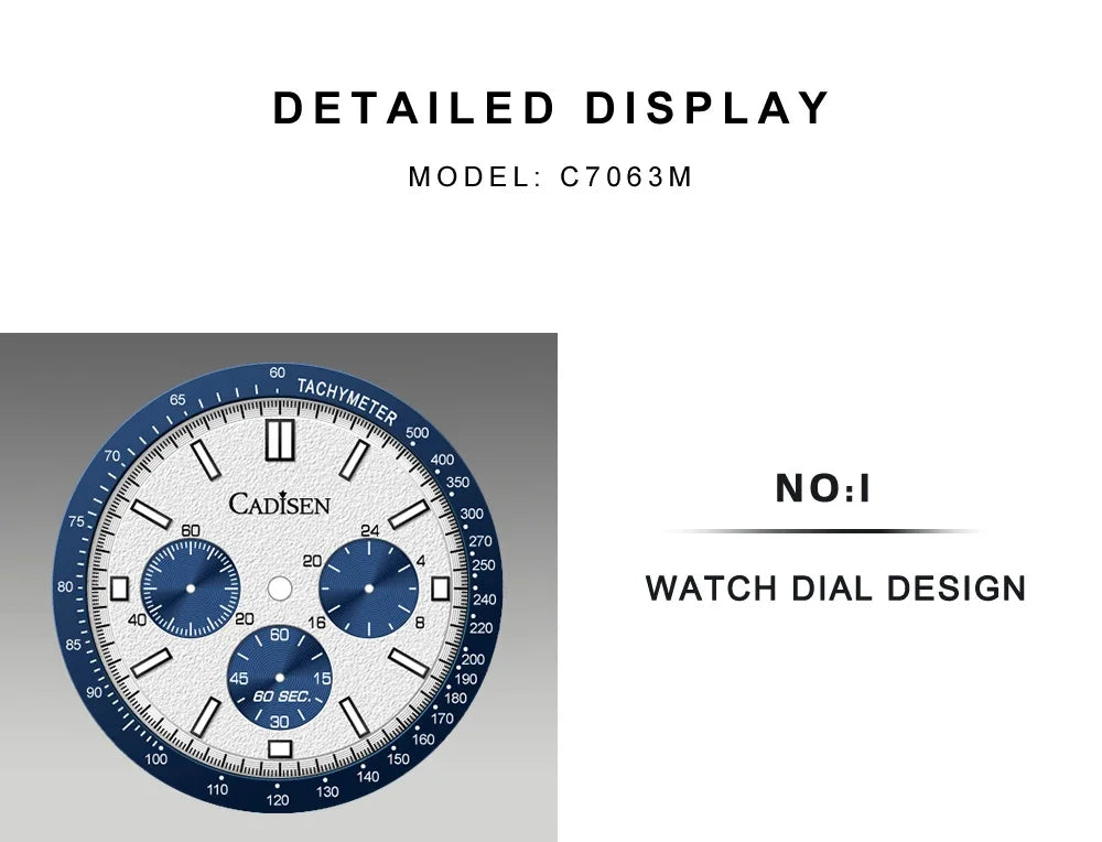 CADISEN Men's Sport Chronograph Watch Japan VD53 Movt Quartz Watches Sapphire Glass Stainless Steel Wristwatch For Men