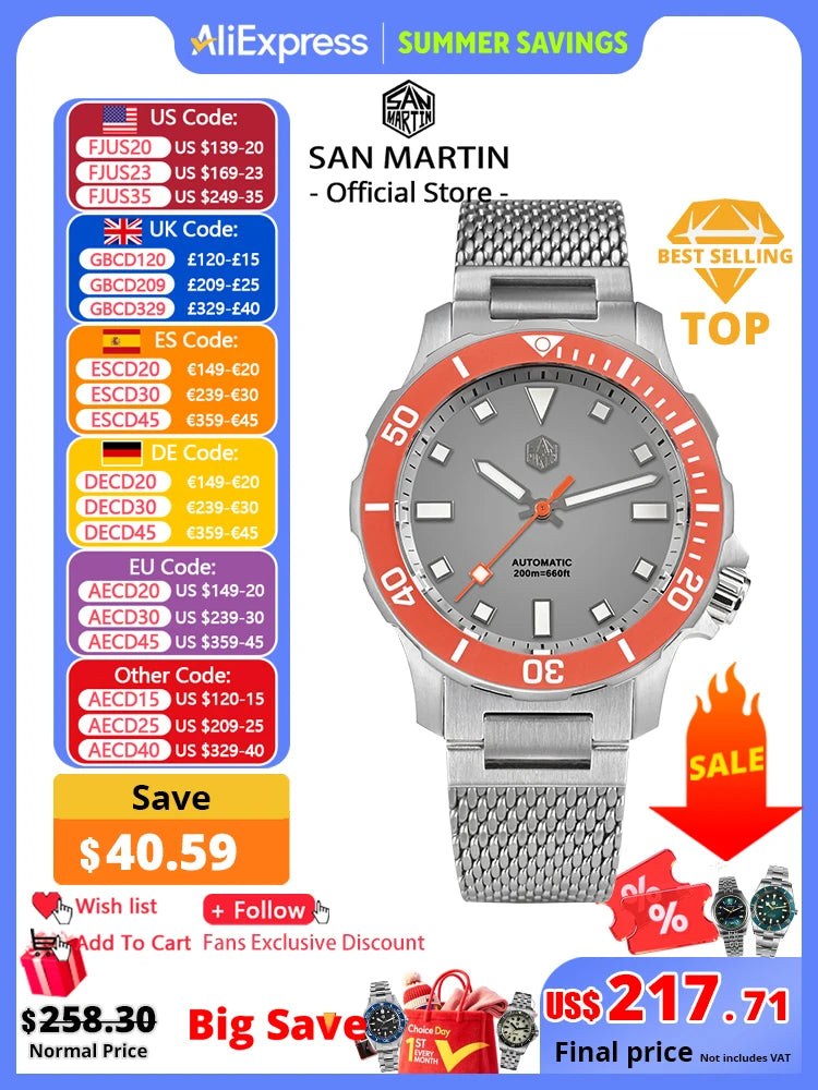 San Martin Original Design Diver 39.5mm V2 Men Watch NH35 Automatic Mechanical Watch Milanese Bracelet Waterproof 200m Luminous