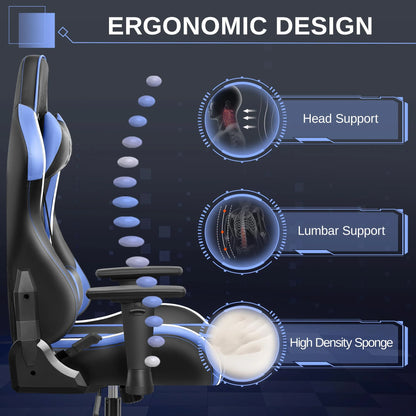 Gaming Chair, Ergonomic PU Leather Office Chair, Reclining Swivel Computer Chair with Headrest Lumbar Support, Black Blue