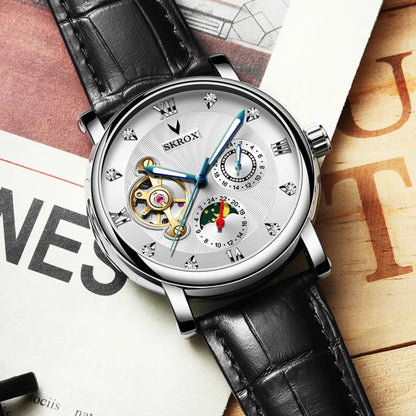 Orologio da polso meccanico automatico di lusso da uomo, firmato da un grande marchio, dotato di tourbillon, fase lunare e diamanti: un elegante orologio da polso.