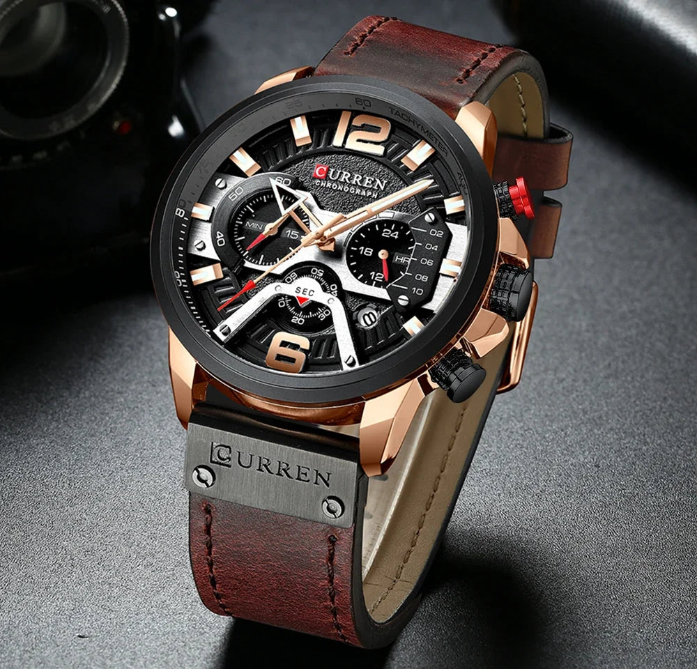 Relógio para homem CURREN 8329 – Estilo desportivo descontraído, design militar, bracelete em pele, cronógrafo na moda, relógio de luxo de grande marca