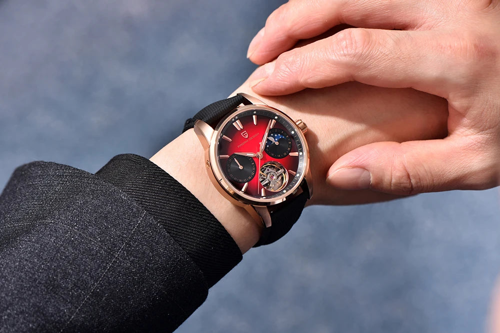 PAGANI DESIGN – Montre mécanique de luxe pour homme, 41 mm, verre saphir, bracelet en cuir, étanche, style pilote, avec tourbillon et phase de lune