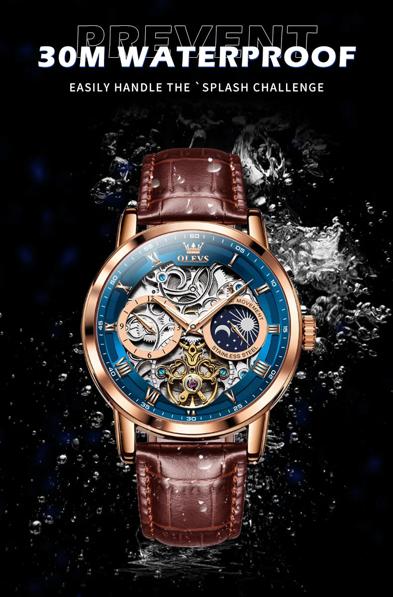 OLEVS Top Brand Men's Skeleton Mechanical Watch, Waterproof Leather Strap, Moon Phase, Automatic Tourbillon Wristwatch