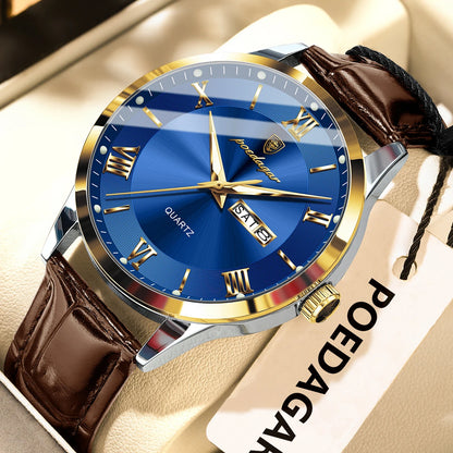 Relógio de homem na moda POEDAGAR, bracelete em pele, data e dia da semana, relógio de quartzo de luxo, estanque, luminoso, estilo business descontraído.