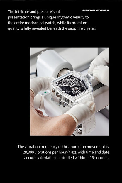 BONEST GATTI Automatic Movement Tourbillon Mechanical Wristwatch Crystal Case Luminous Watch Fluororubber Strap Watches for Men