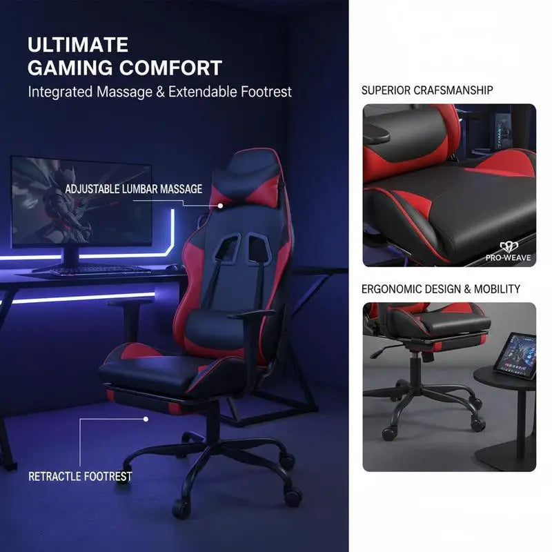 Massage Gaming Chair with Footrest Black and Red 66X56X120,5-131 cm in Imitation Leather, Reclining 360 Swivel Chair ° Maximum 110 kg