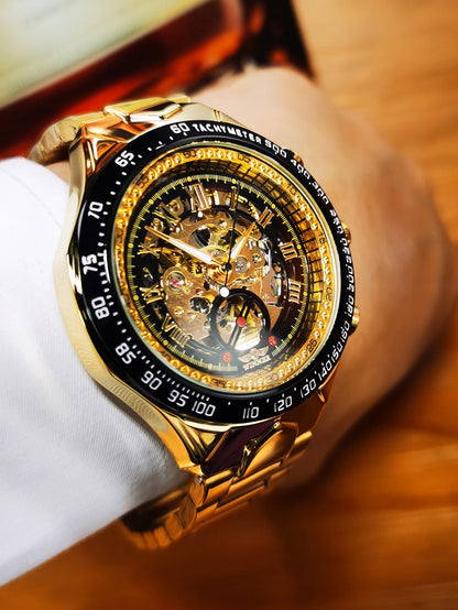 Relógio automático para homem WINNER – Modelo esqueleto transparente, ponteiros luminescentes, bracelete em aço inoxidável, relógio mecânico de marca de luxo