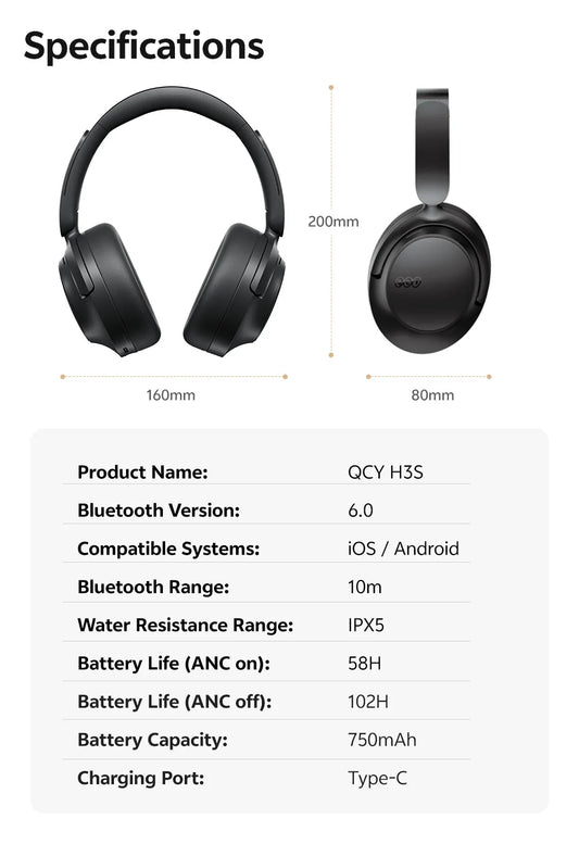 Słuchawki nauszne QCY H3S ANC z Bluetooth 6.0 – dźwięk przestrzenny Hi-Res LDAC, adaptacyjna redukcja szumów -56 dB, bezprzewodowy zestaw słuchawkowy