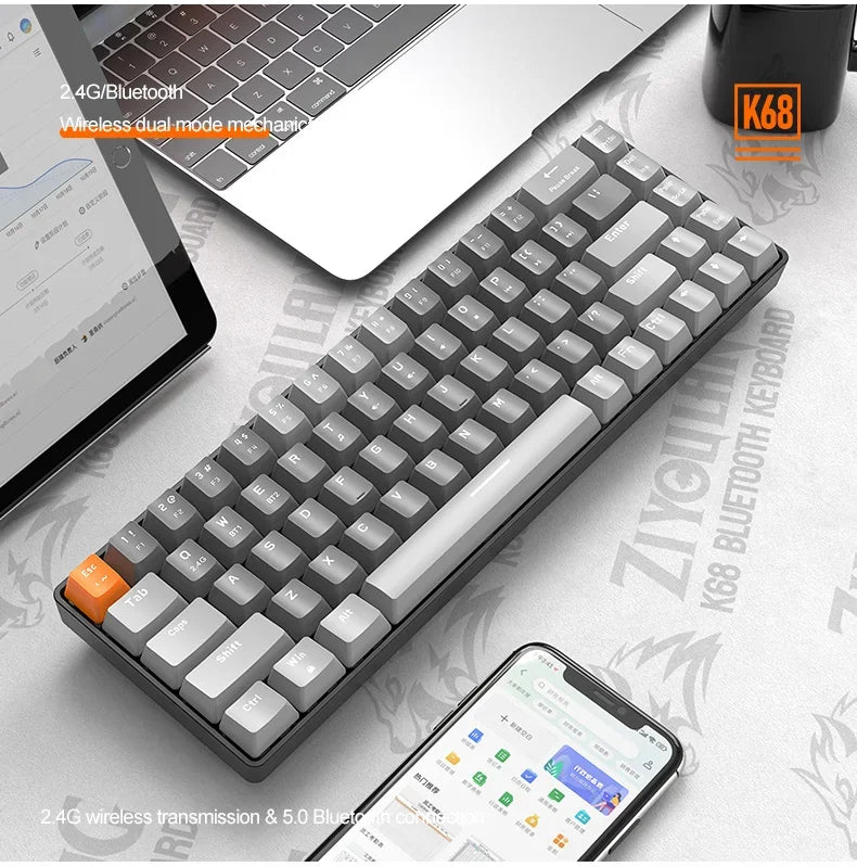 K68 2.4G/BT5.0 Wireless Gaming Mechanical Keyboard 68 Keys Hotswap Mini Gaming Mechanical Keyboard PBT Keycaps 65% Keyboards