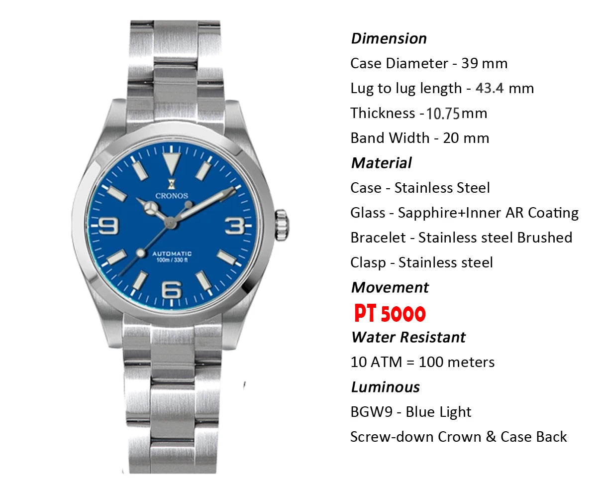 Cronos EX Diver Mechanical Men Watch 39mm Automatic PT5000 Sapphire Glass Bushed Bracelet Glide Clasp 10ATM  L6031