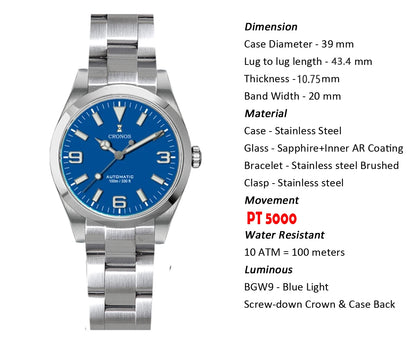 Cronos EX Diver Mechanical Men Watch 39mm Automatic PT5000 Sapphire Glass Bushed Bracelet Glide Clasp 10ATM  L6031
