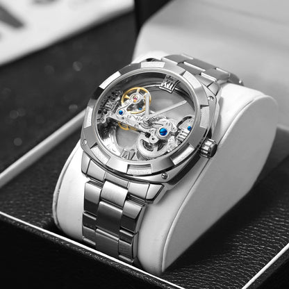 2024Top Brand Luxury Stainless Steel Skeleton Tourbillon Automatic Movement Men Watch Mechanical Waterproof Luminous Wrist Clock